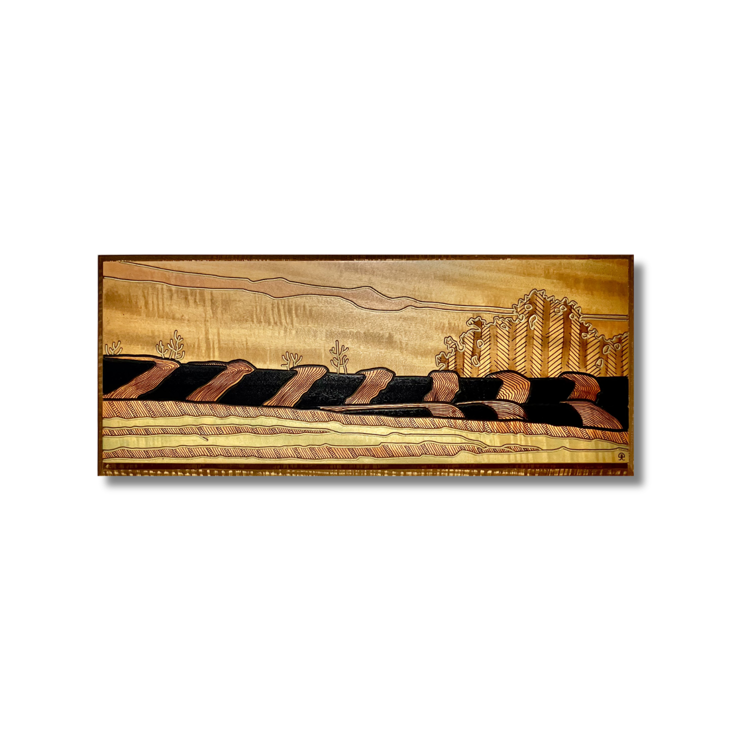 "I Know My Way" - A Prairie Seen "R", stain, lacquer and pen on figured ash veneer, 26" x 11.94"