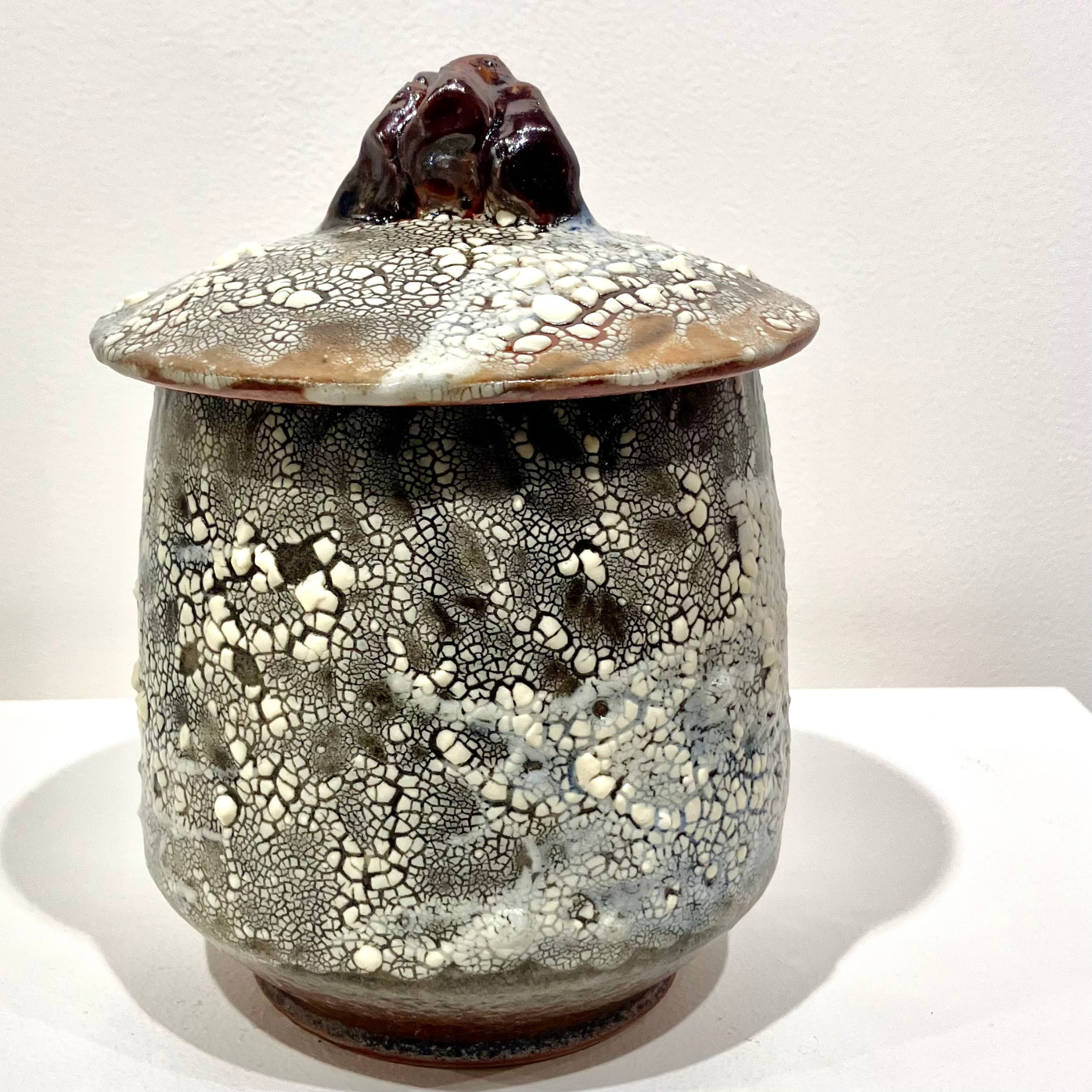 Large Crawl Cachet Jar, Shino Glaze Pottery 