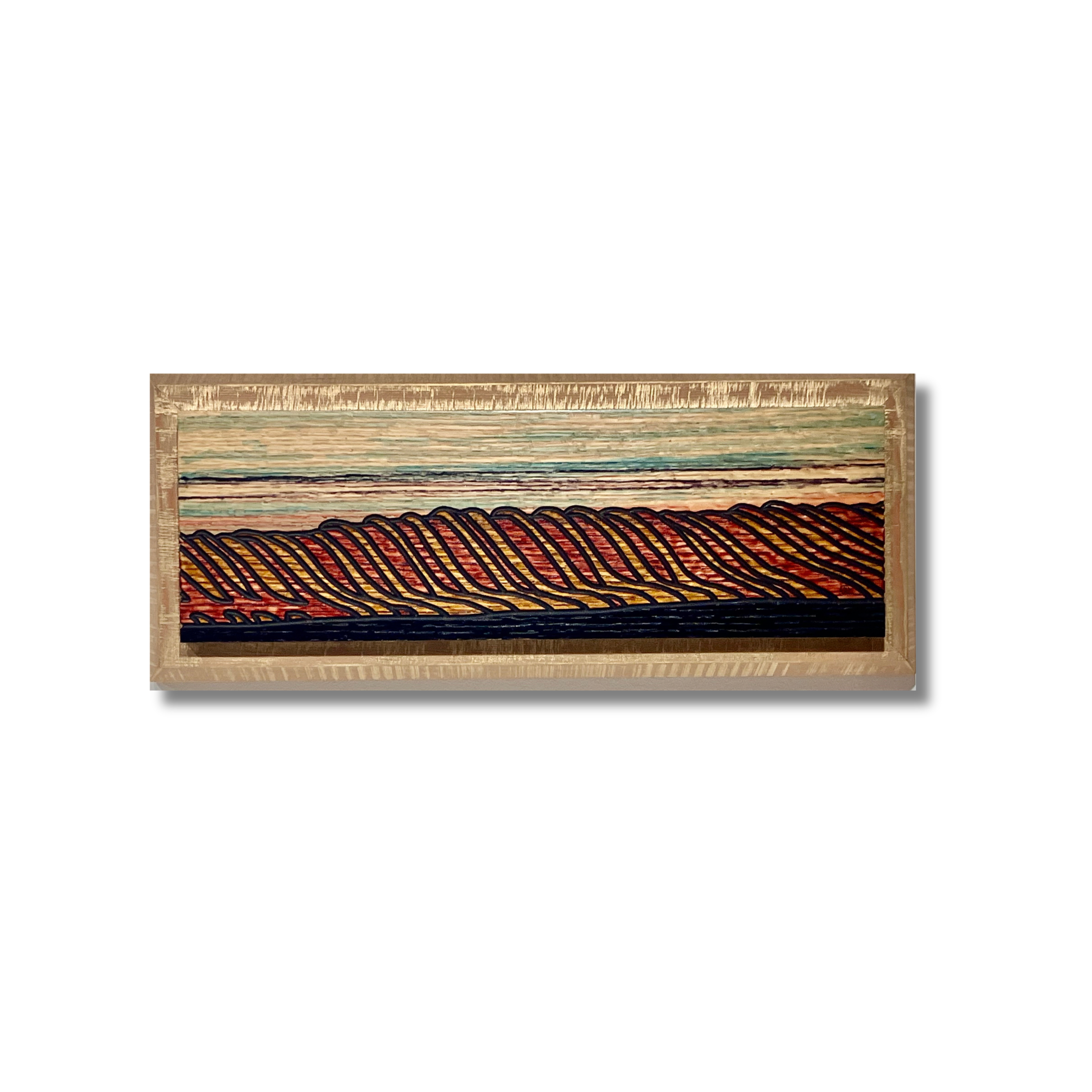 "Harvest at Dusk", A Prairie Seen #66, stain, lacquer & pen on red oak veneer, 8" x 19 3/4"