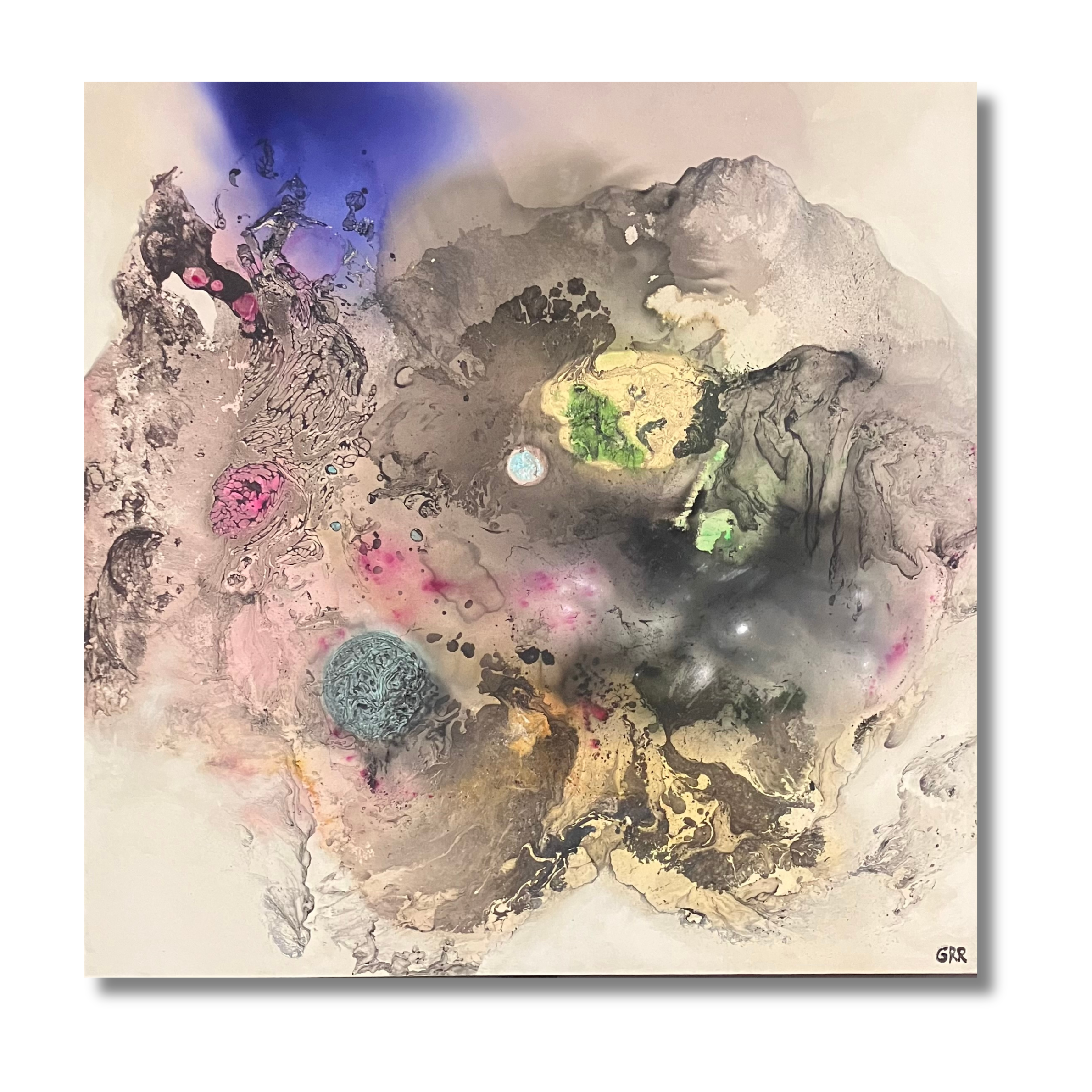 "Carrying the Cosmos", Mixed media on raw canvas, 47" x 47", 2026