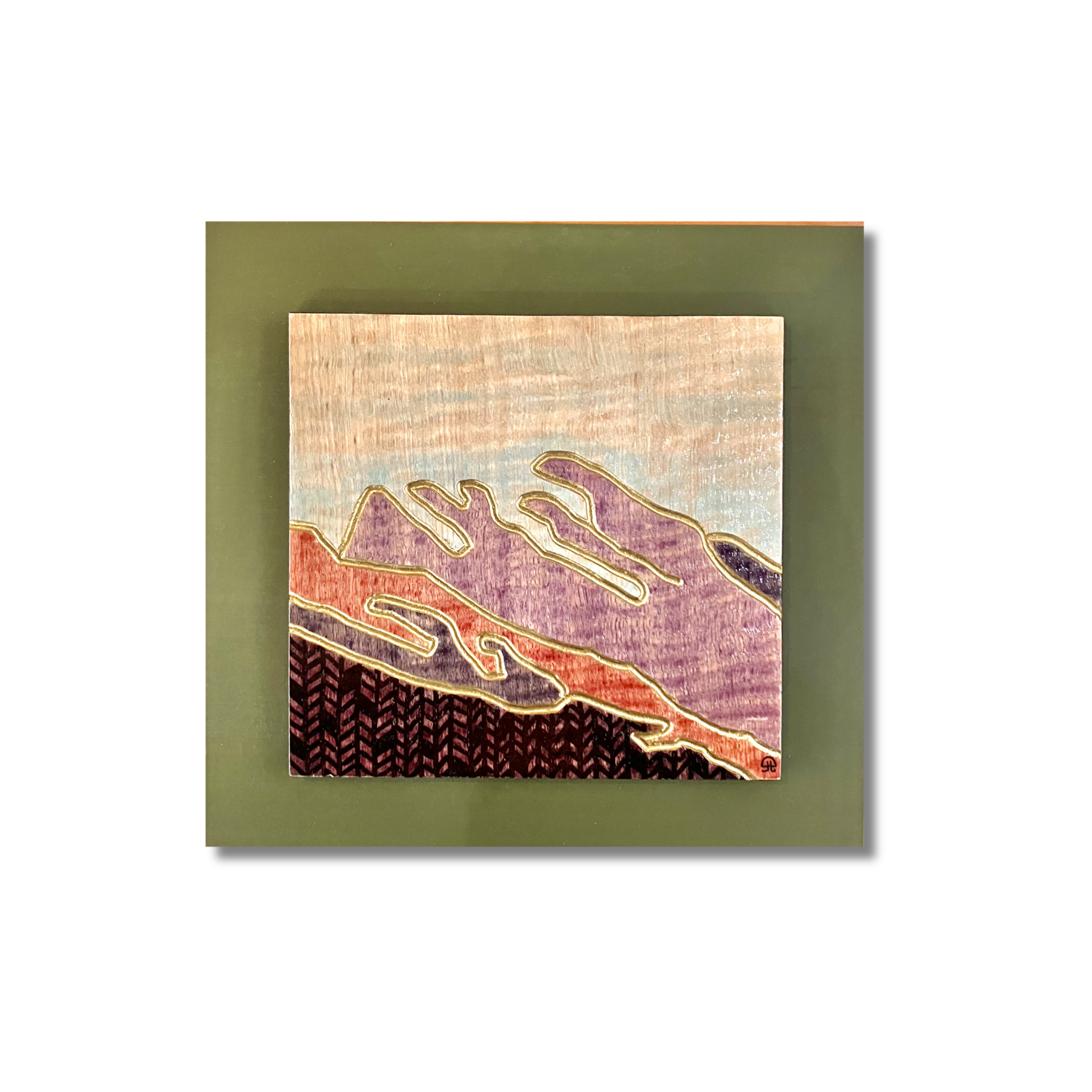 "For Age Unending" - A Mountian Seen #2, stain, lacquer and pen on veneer, 6" x 6.375" 
