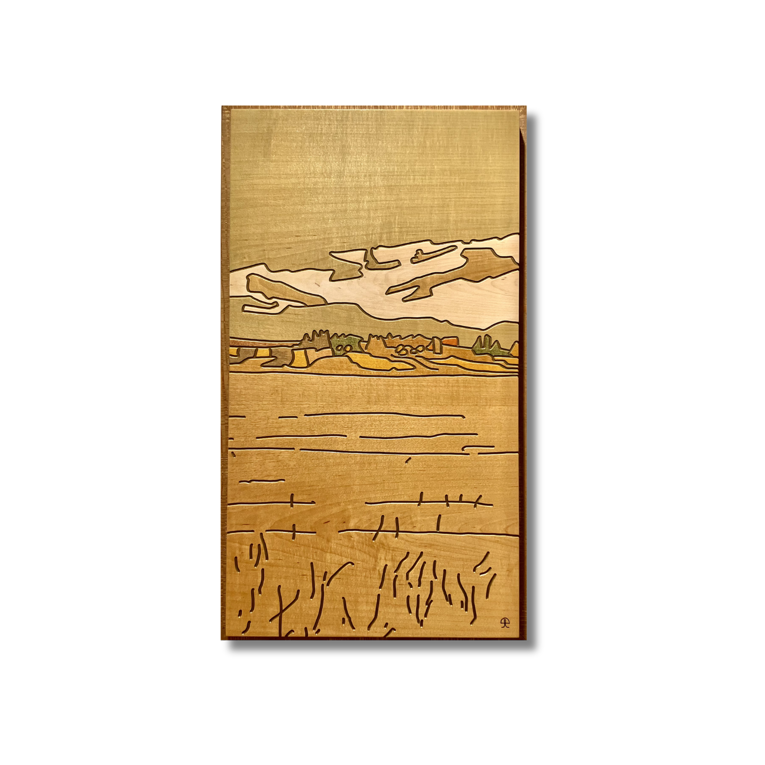 A Prairie Seen #18, stain, lacquer and pen on maple veneer, 21.69" x 11.94" 