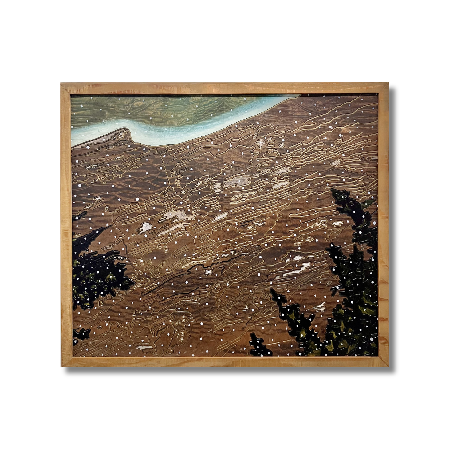 "First Snowfall" - A Mountain Seen "C", stain, lacquer and pen on turtle shell wood veneer, 23.25" x 27.125" 