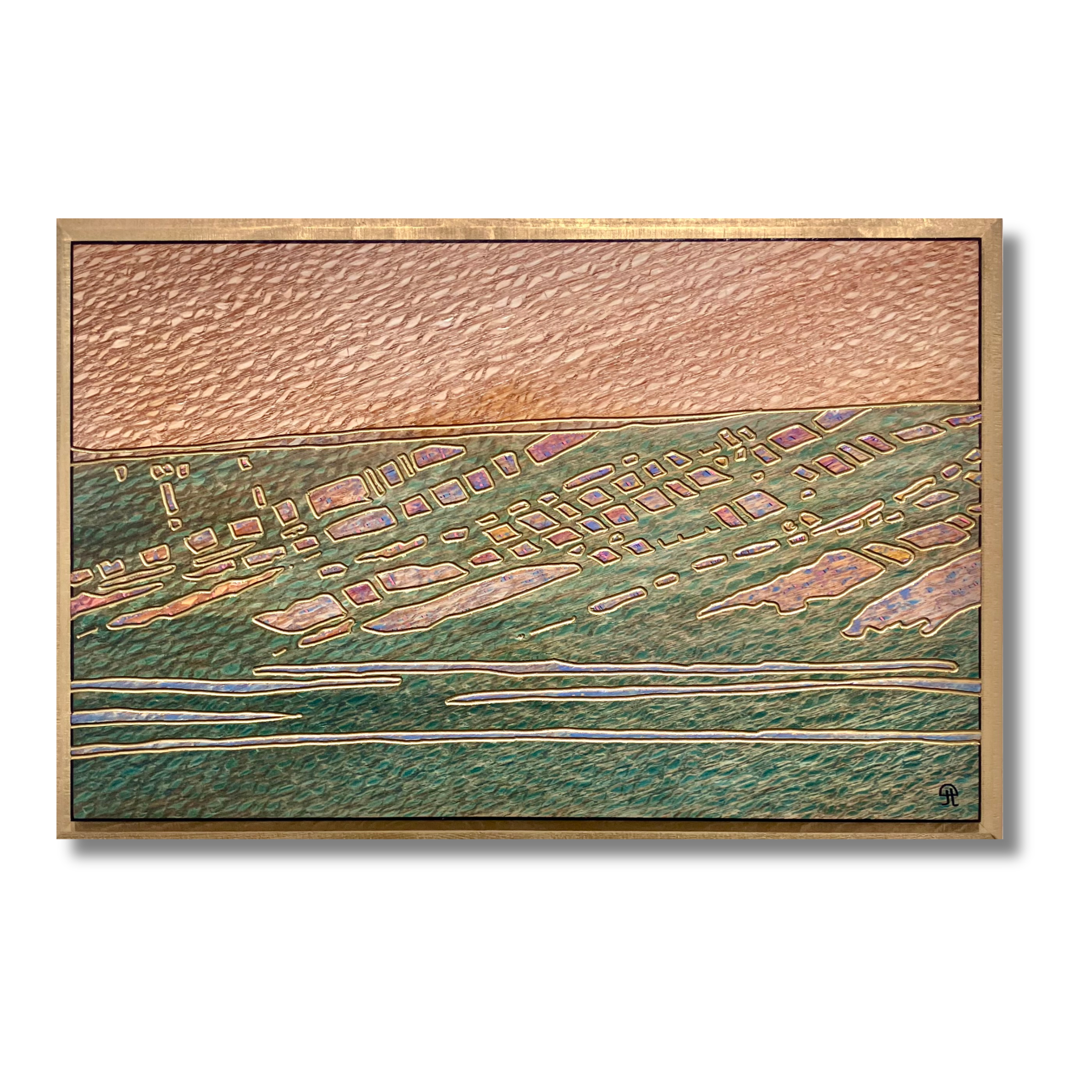 "Til the Moon Fails" - A Prairie Seen #186, stain, lacquer and pen on lacewood veneer, 14.125" x 22.125"
