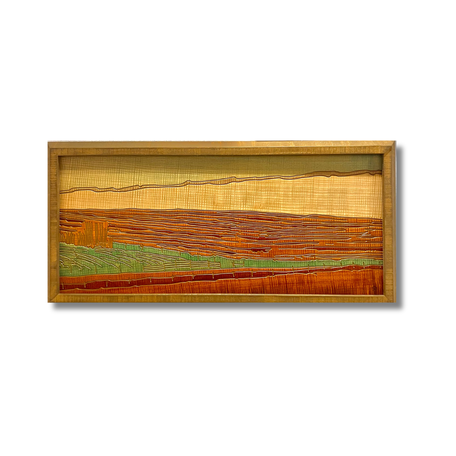 A Prairie Seen #32, stain, lacquer and pen on anigre veneer, 8.875" x 23"