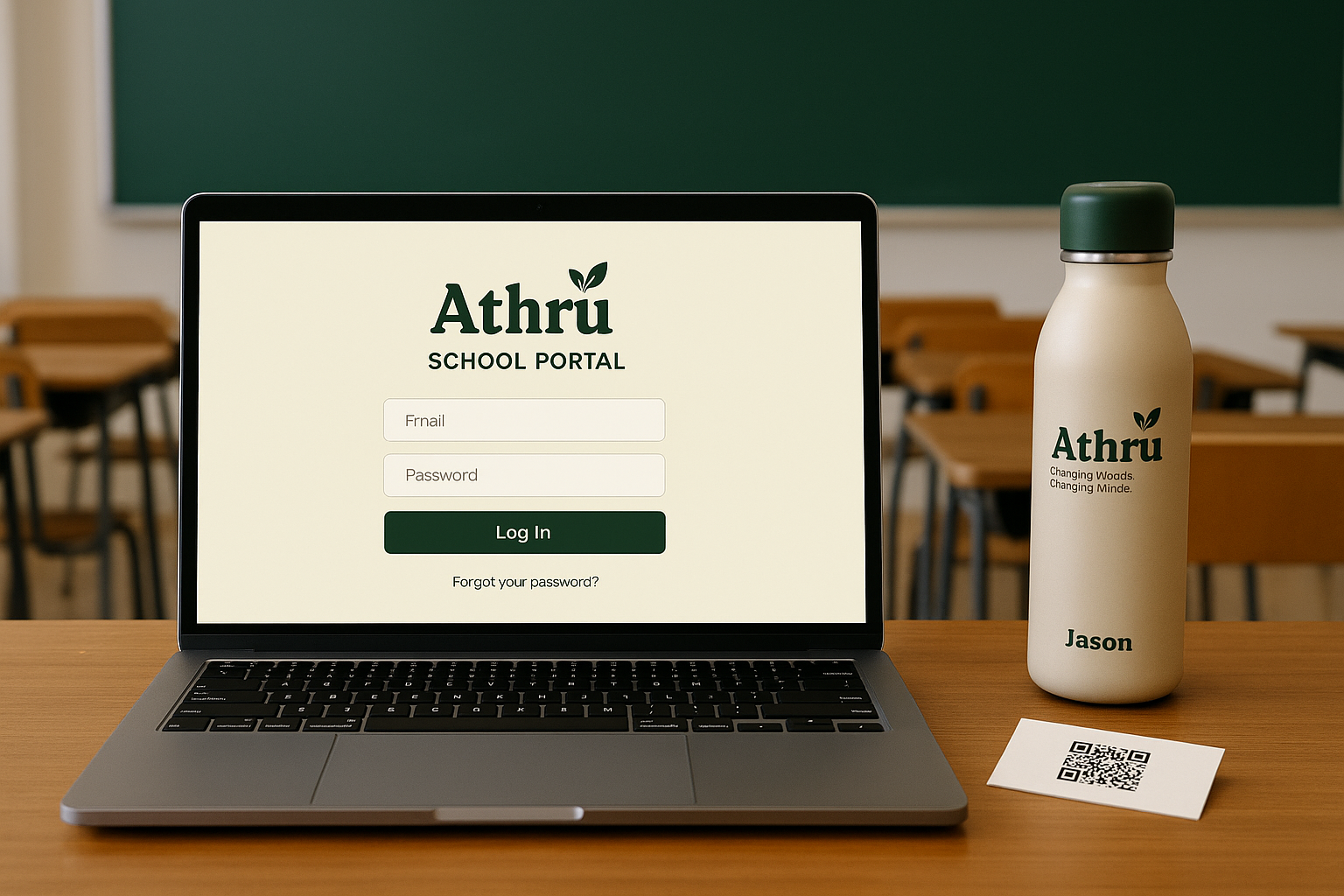 A laptop displaying the Athru school portal login page, a personalized water bottle with the name Jason, and a QR code on a desk in a classroom setting.