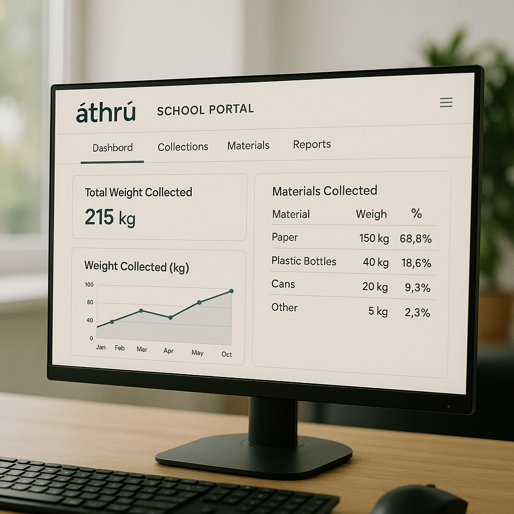 Computer monitor displaying a school portal dashboard with statistics on total weight collected, materials, and a line graph for weight collected from January to October.