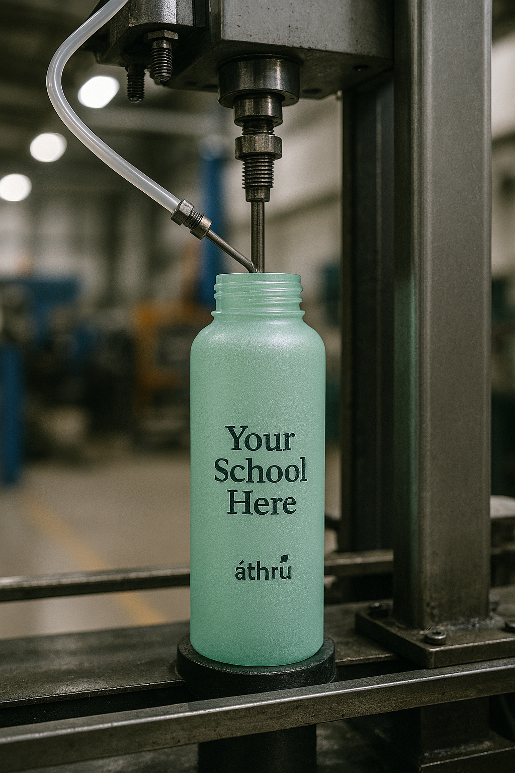 A light green water bottle labeled 'Your School Here' with a black logo underneath, positioned on an industrial machine in a factory setting.