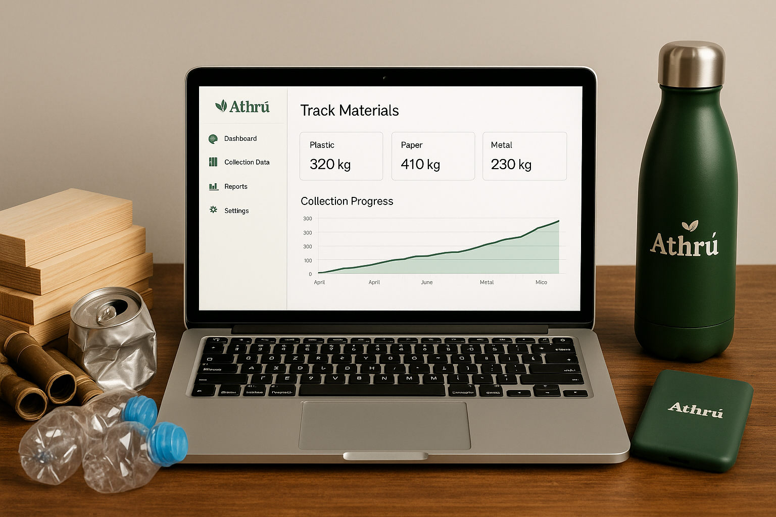 Laptop displaying a waste management dashboard with plastic, paper, and metal tracking, surrounded by wooden blocks, a crumpled aluminum can, plastic bottles, a green Athrú water bottle, and a green Athrú portable device on a wooden desk.