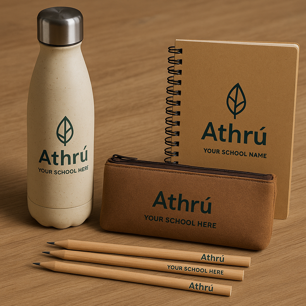 School stationery set with beige items featuring the name 'Athrú' and space for a school name, including a water bottle, notebook, pencil case, and three pencils with printed text, all on a wooden surface.