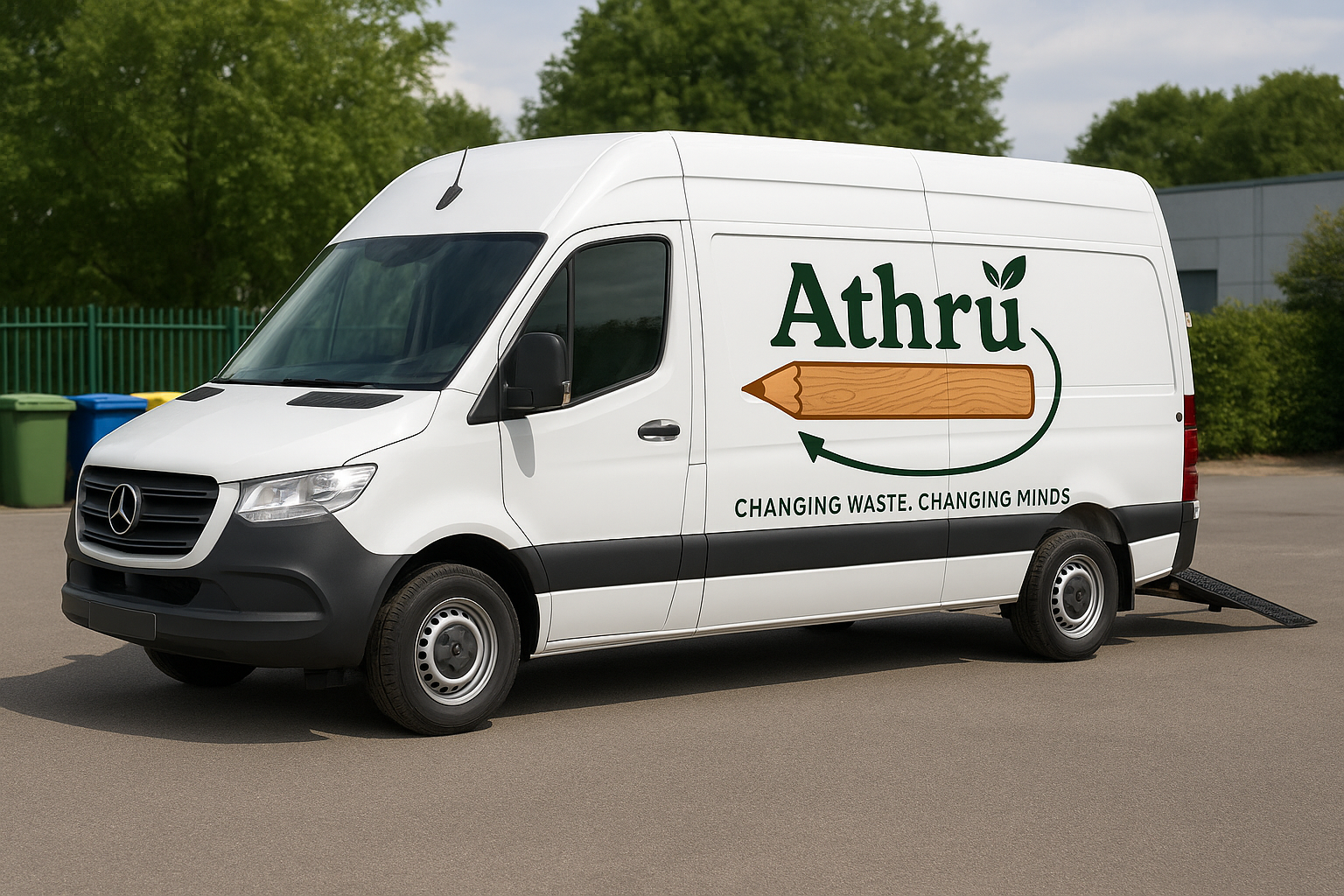 White delivery van with a logo of a wooden pencil and the word 'Athru' on the side, parked on a street with trees in the background.