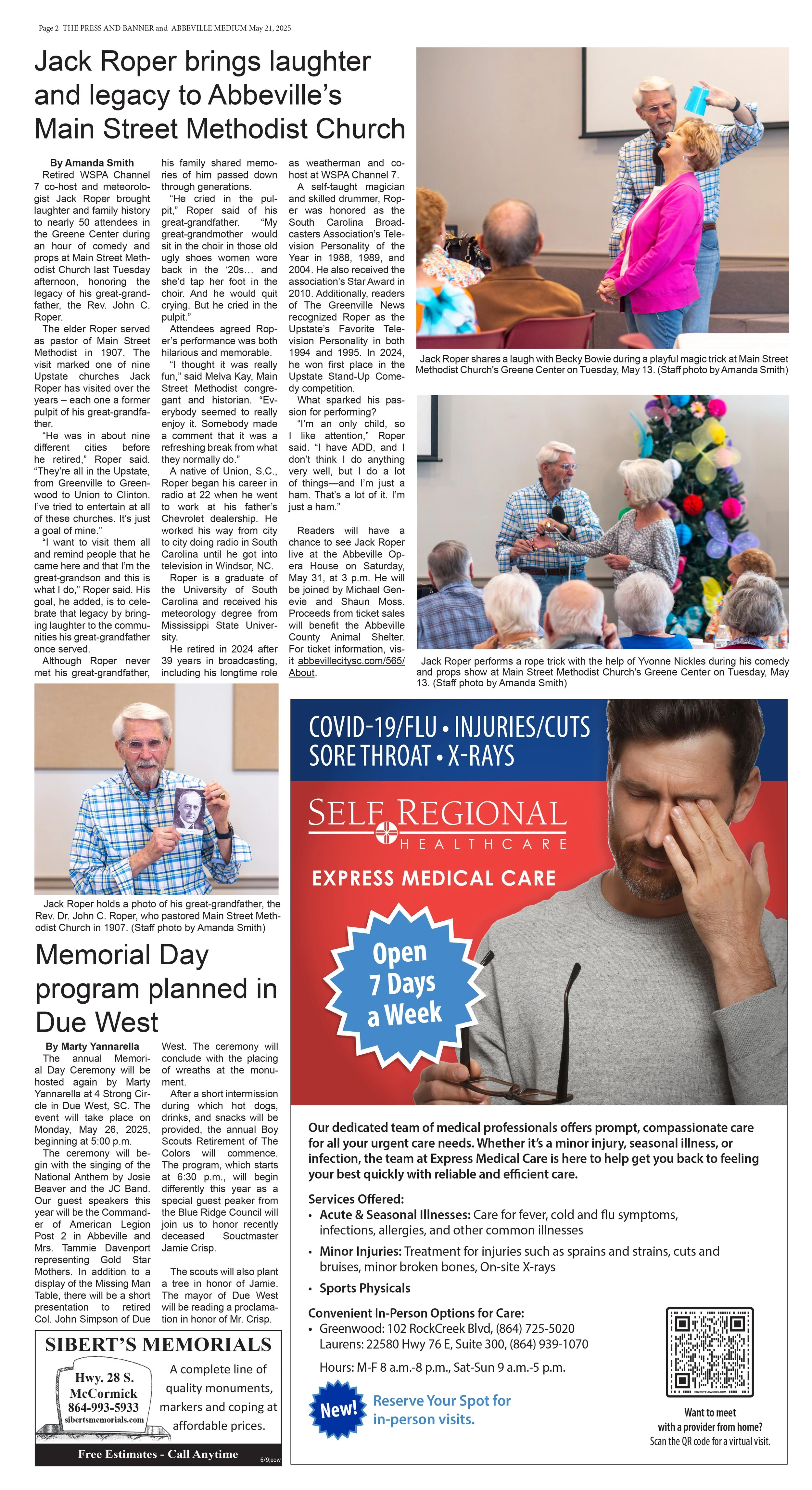 Newspaper page featuring photos of Jack Roper performing at a church event, holding a photo of his grandfather, and sharing a laugh with attendees during a Christmas celebration, along with various news articles and an advertisement for medical care.