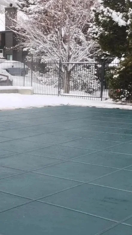 An outdoor swimming pool covered with a green winter pool cover, with snow on surrounding ground and trees, and a black metal fence in the background.