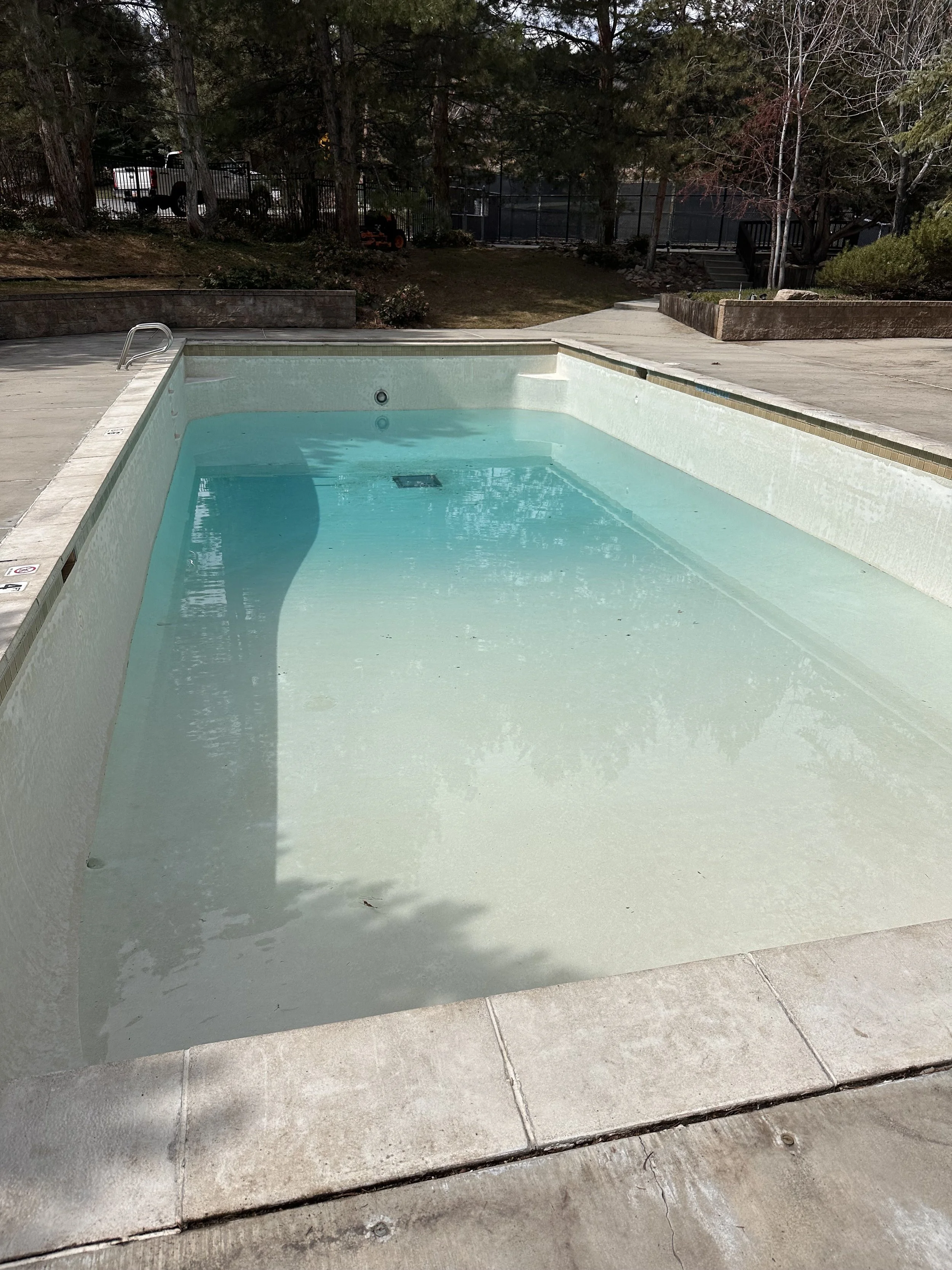After picture of clean swimming pool, with clear blue water, and white plaster.