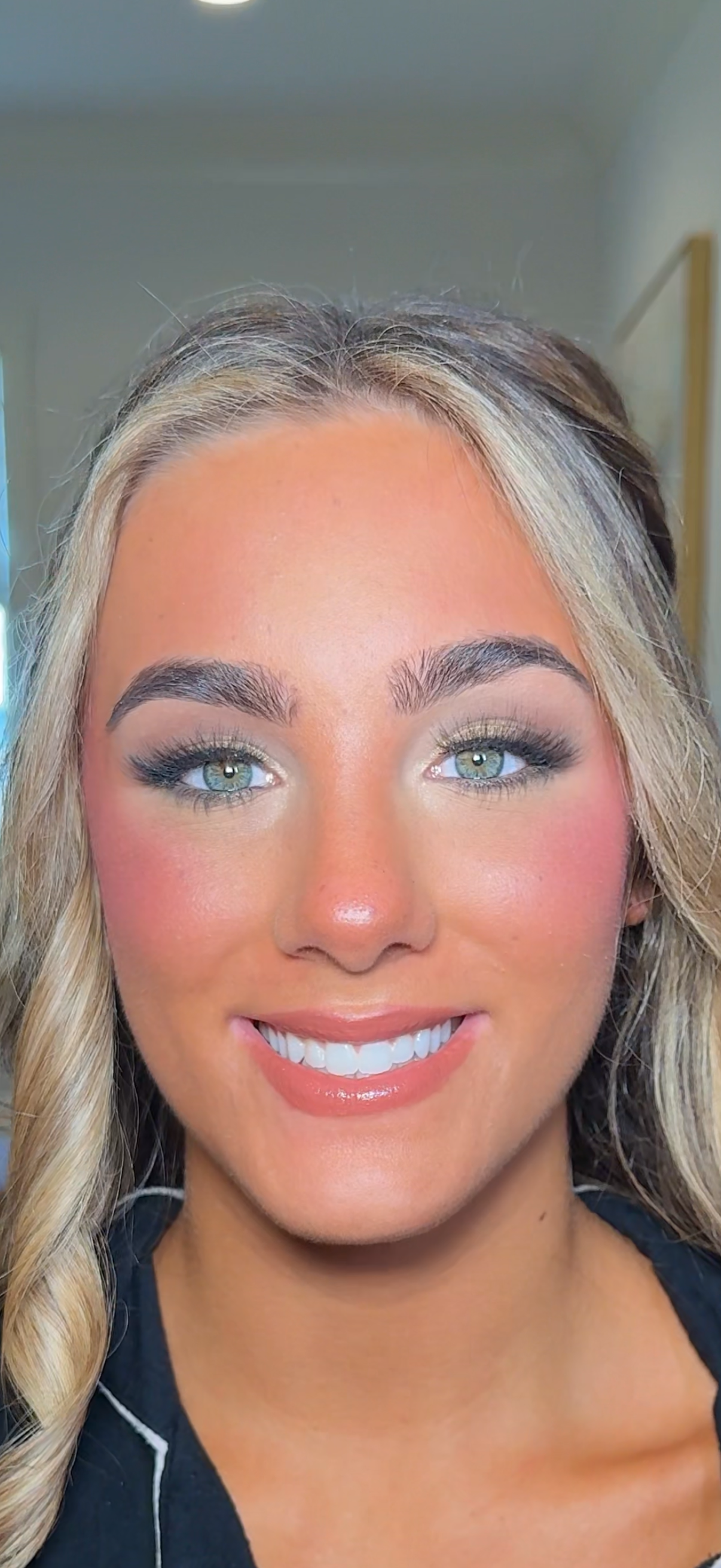 Romantic clean girl bridal look with dewy skin, rosy cheeks, and soft pink lips – Golden Girls Glam, modern Southern bride