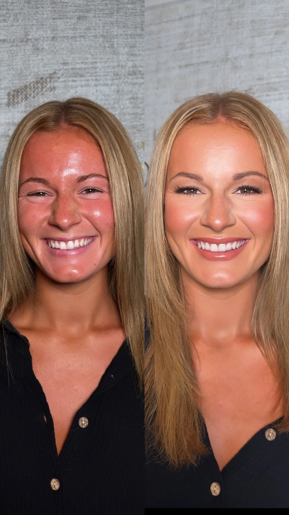 before and after comparison for soft and dewy bridal makeup by mississippi bridal makeup artist