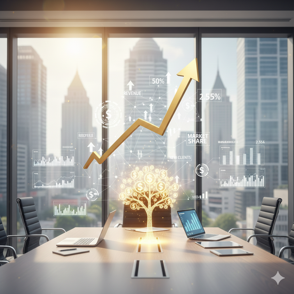 Sala de reuniones con una gráfica ascendente en forma de flecha dorada, símbolos de dinero y gráficos digitales, en un fondo de ciudad moderna con rascacielos.