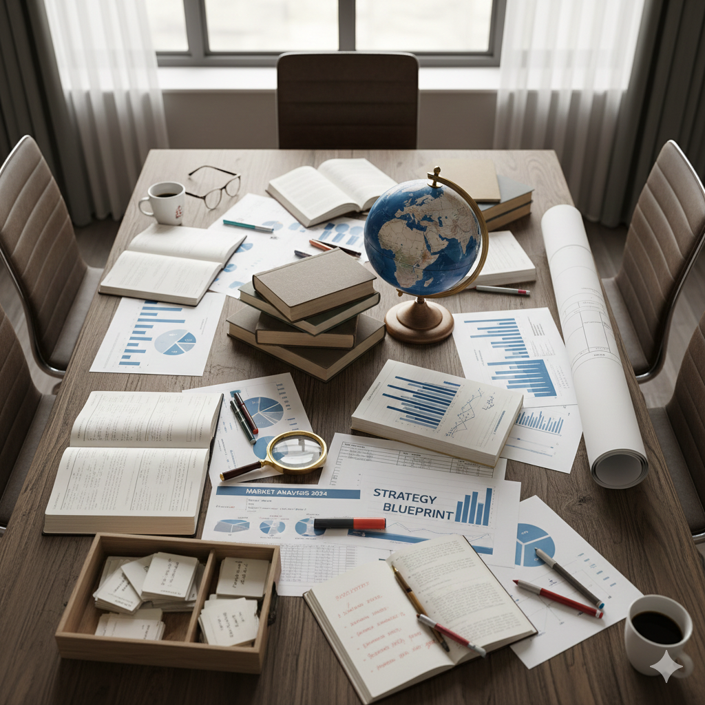 Mesa de trabajo con libros, gráficos, mapas, una taza de café, una lupa, un globo terráqueo y documentos con estrategias y análisis.