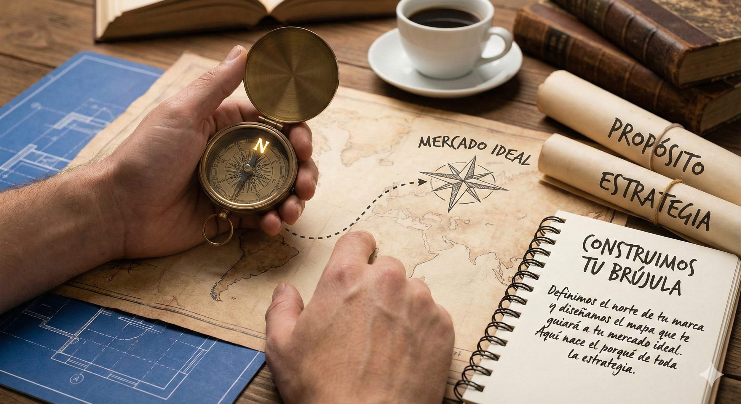 Mano sosteniendo una brújula sobre un mapa con la palabra 'Mercado Ideal' y una rosa de los vientos. También se ven libros, un café y un cuaderno con instrucciones para construir una brújula.