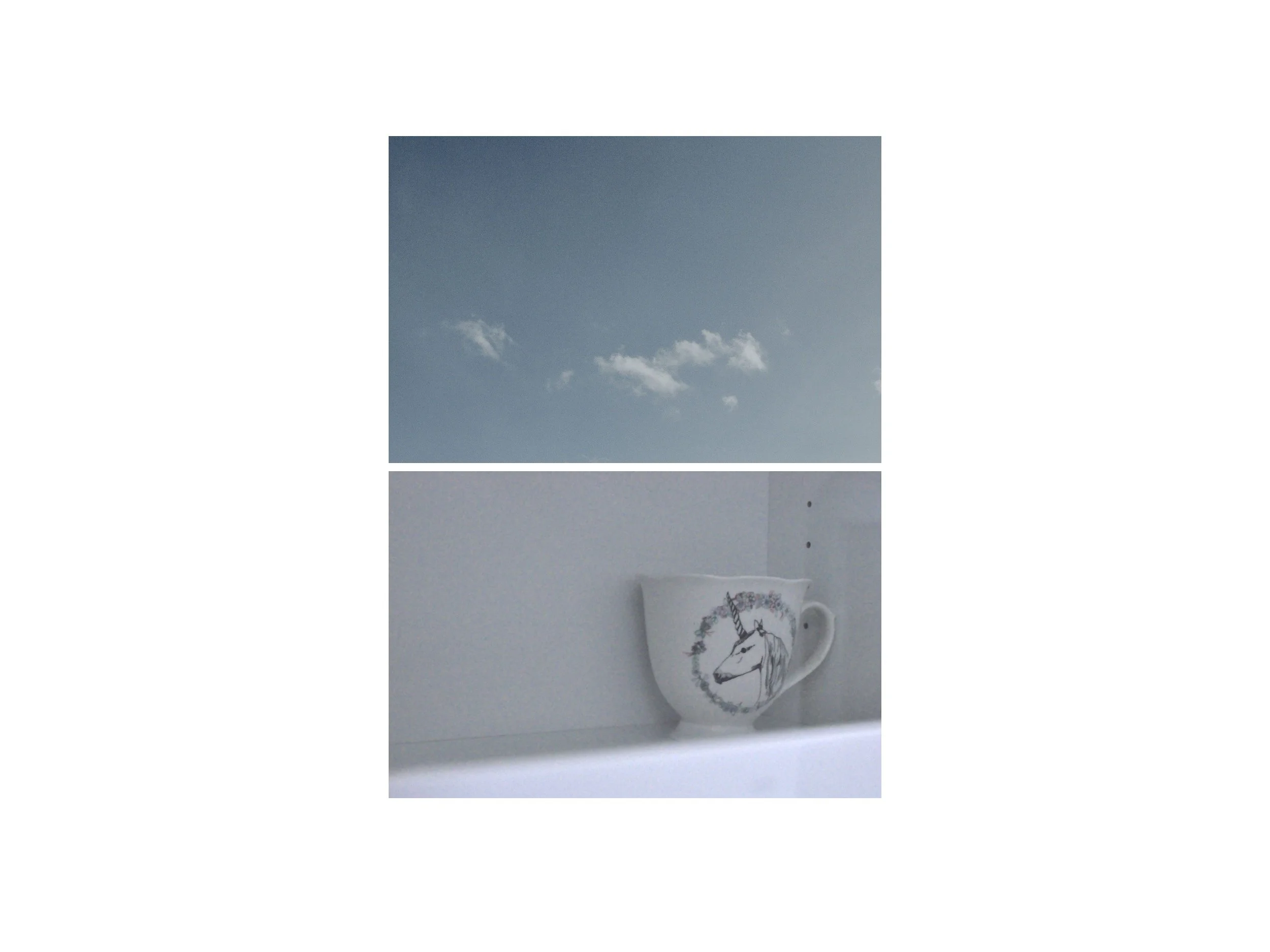 A vertical diptych. The top image shows a soft, muted blue sky with wispy clouds. The image below it is a close-up of a white unicorn mug on a shelf inside a cupboard.