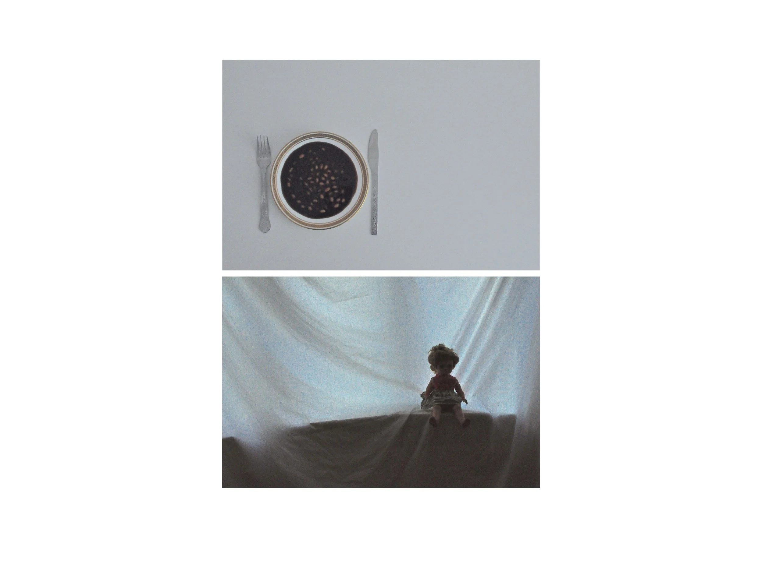 Vertical diptych: a plate with food and cutlery on top, below it a dark, featureless doll's silhouette on a windowsill, framed by a sheet-covered window. Creates a stark and unsettling mood.