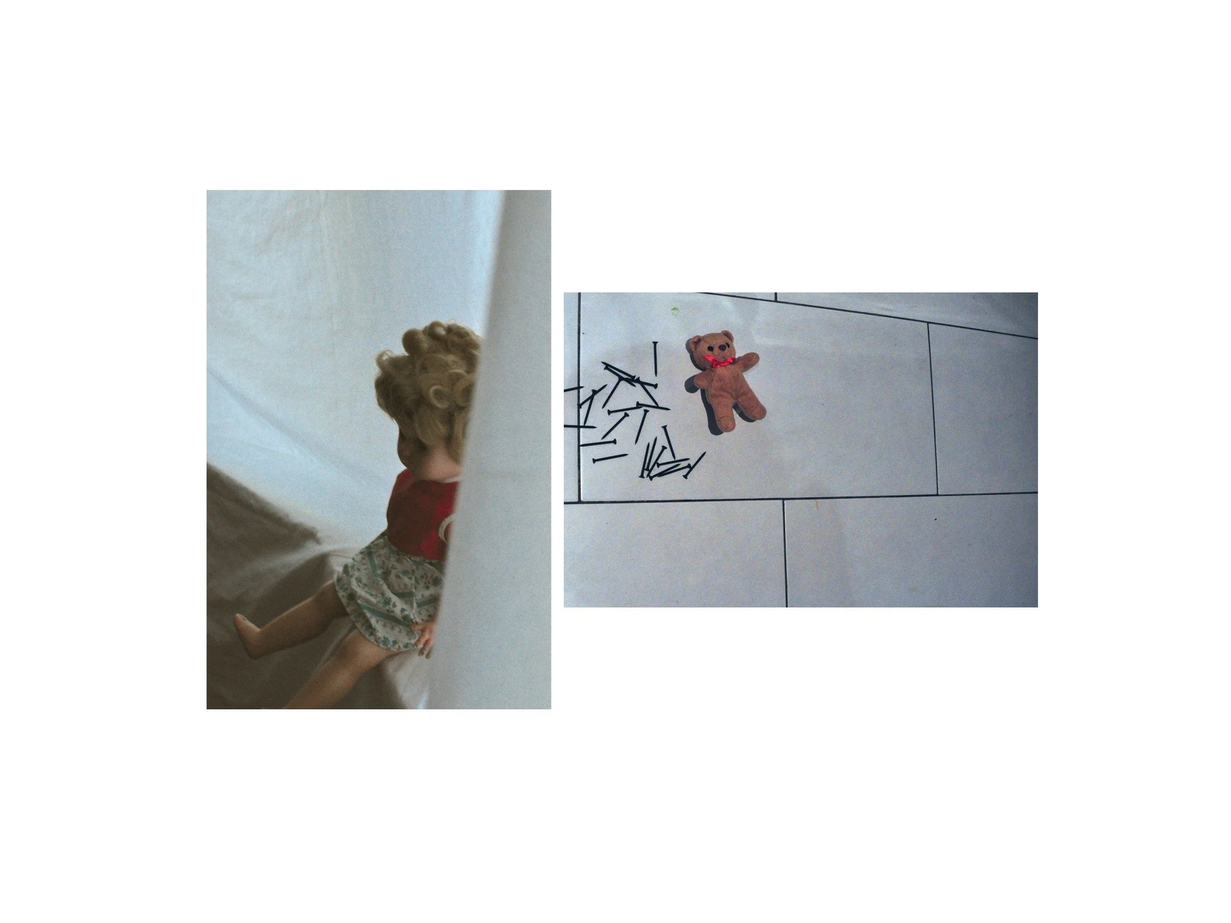 Two side-by-side photos: Left, a dolls dark silhouette in profile on a sheet-covered windowsill. Right, a teddy bear and scattered nails on a white tiled floor, creating an unsettling contrast.