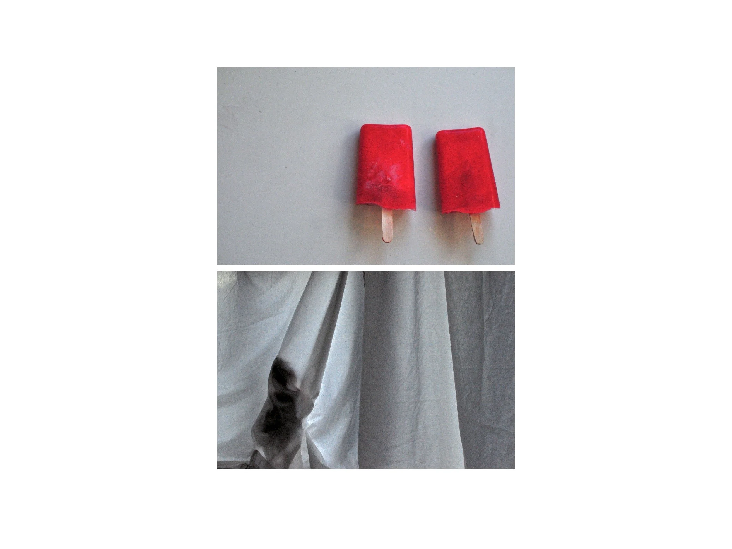  A vertical diptych. The top image shows two red ice lollies. The bottom image shows a mysterious form completely shrouded by a white curtain or sheet.