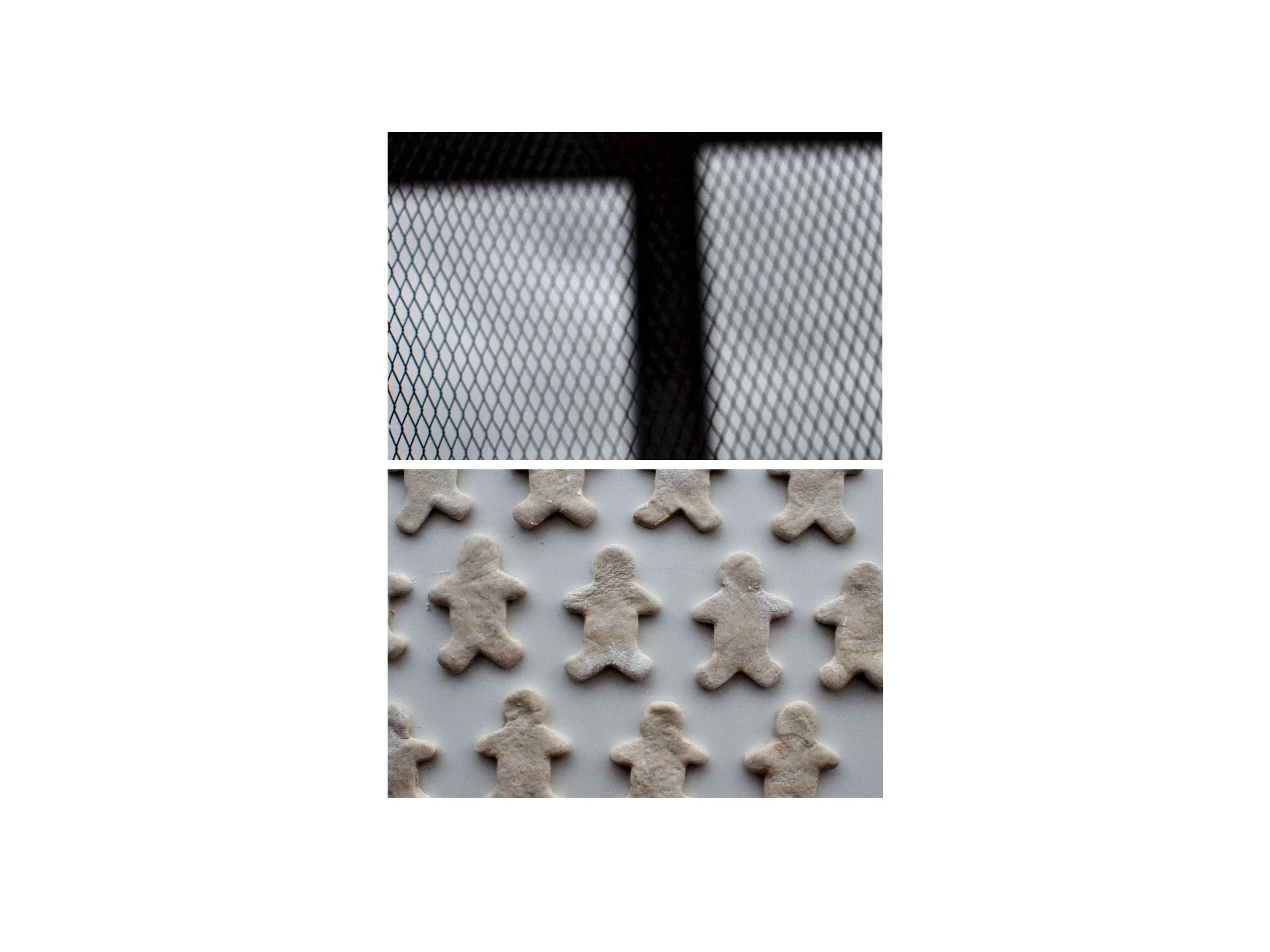A vertical diptych. Top: a grey sky seen through a wire mesh. Bottom: pale, unbaked gingerbread men cutouts arranged on a white surface.