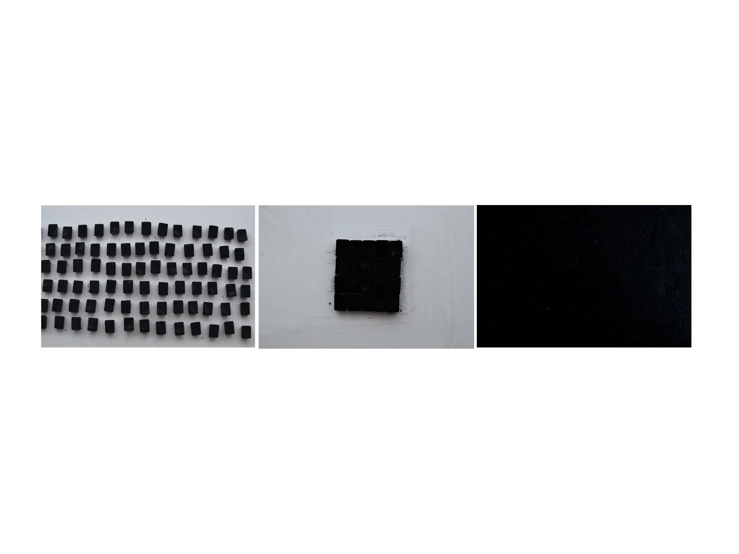 A triptych of three images in sequence. Left: numerous similarly-sized black blocks on a white surface. Middle: the blocks arranged into a tight square. Right: a solid black panel.