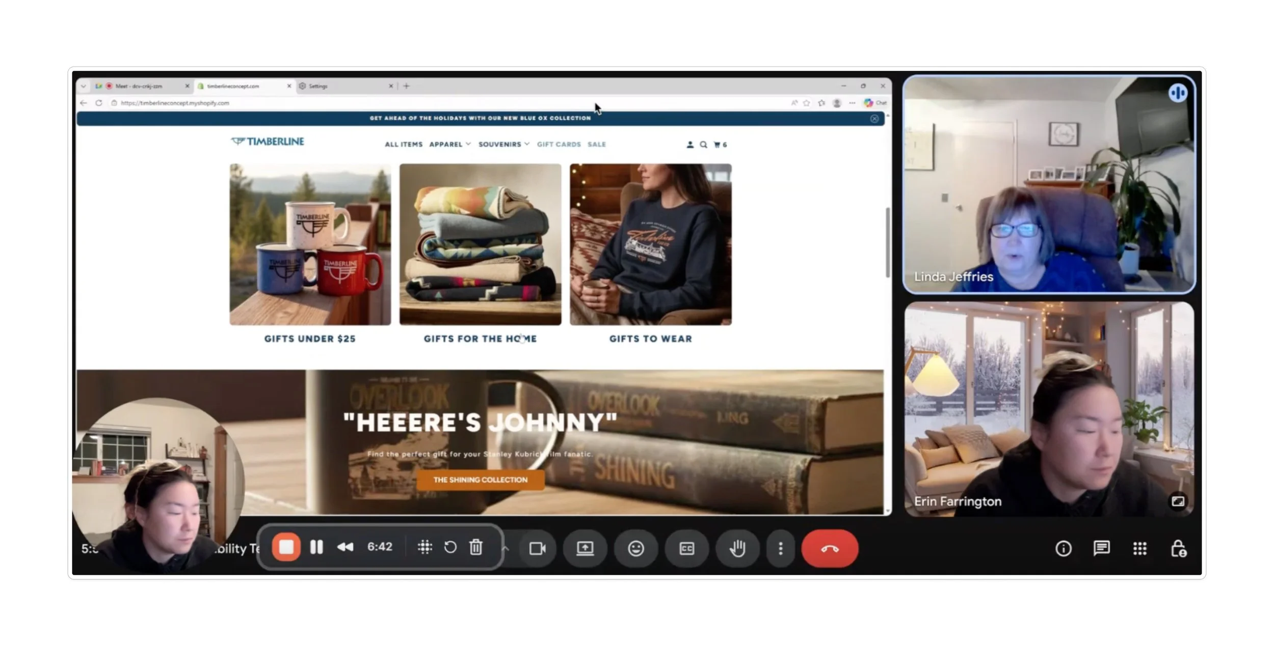 A video conference call showing three participants with a screen sharing webpage. The webpage promotes Timbertline products, including mugs, blankets, and apparel, and features a stack of books. The participants are Linda Jeffries, Erin Farrington, and another person with short dark hair and glasses, seated in a room with windows and a big window in the background.