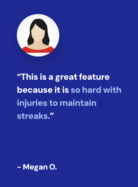 Quote from Megan O. praising a feature for being hard to maintain streaks due to injuries, displayed on a blue background with a user icon at the top.