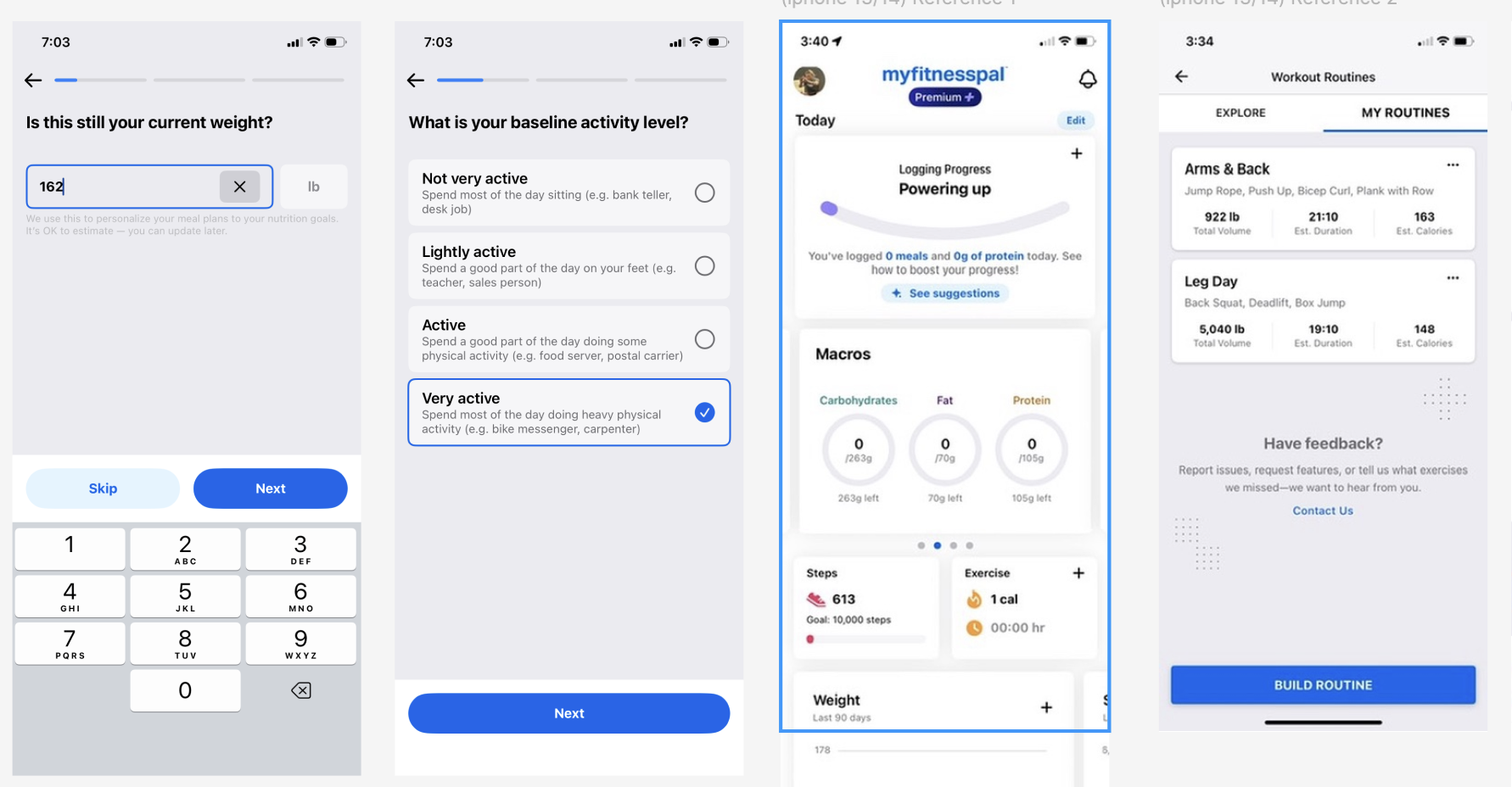 Screenshots from a fitness app showing questions about current weight, activity level, a user profile with logged meals and macros, and workout routines with exercise details.