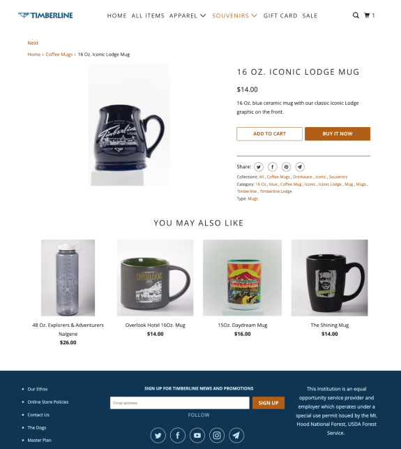 A 16 oz blue ceramic coffee mug with a Timberline logo and design, displayed on a website for purchase, with additional mug options shown below.