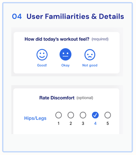Section titled 'User Familiarities & Details' asking how today's workout felt, with options 'Good!', 'Okay', and 'Not good,' and a 'Rate Discomfort' scale from 1 to 5, with 4 selected.