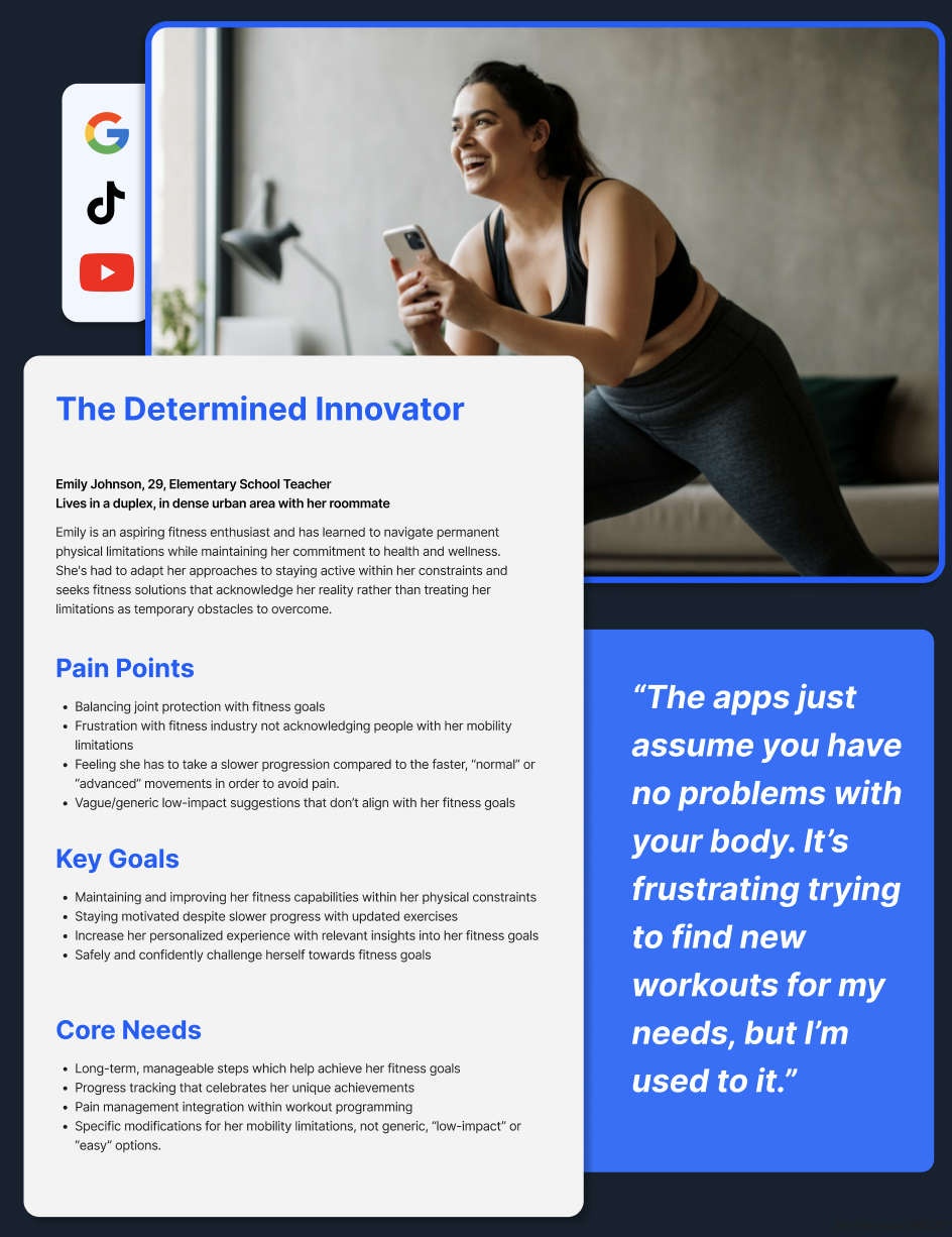 A woman in workout attire laughing and holding a smartphone in a brightly lit room, with a text overlay about fitness goals and challenges.