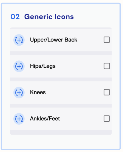 Section titled '02 Generic Icons' with options for Upper/Lower Back, Hips/Legs, Knees, and Ankles/Feet, each with an icon of a plus sign inside a circle