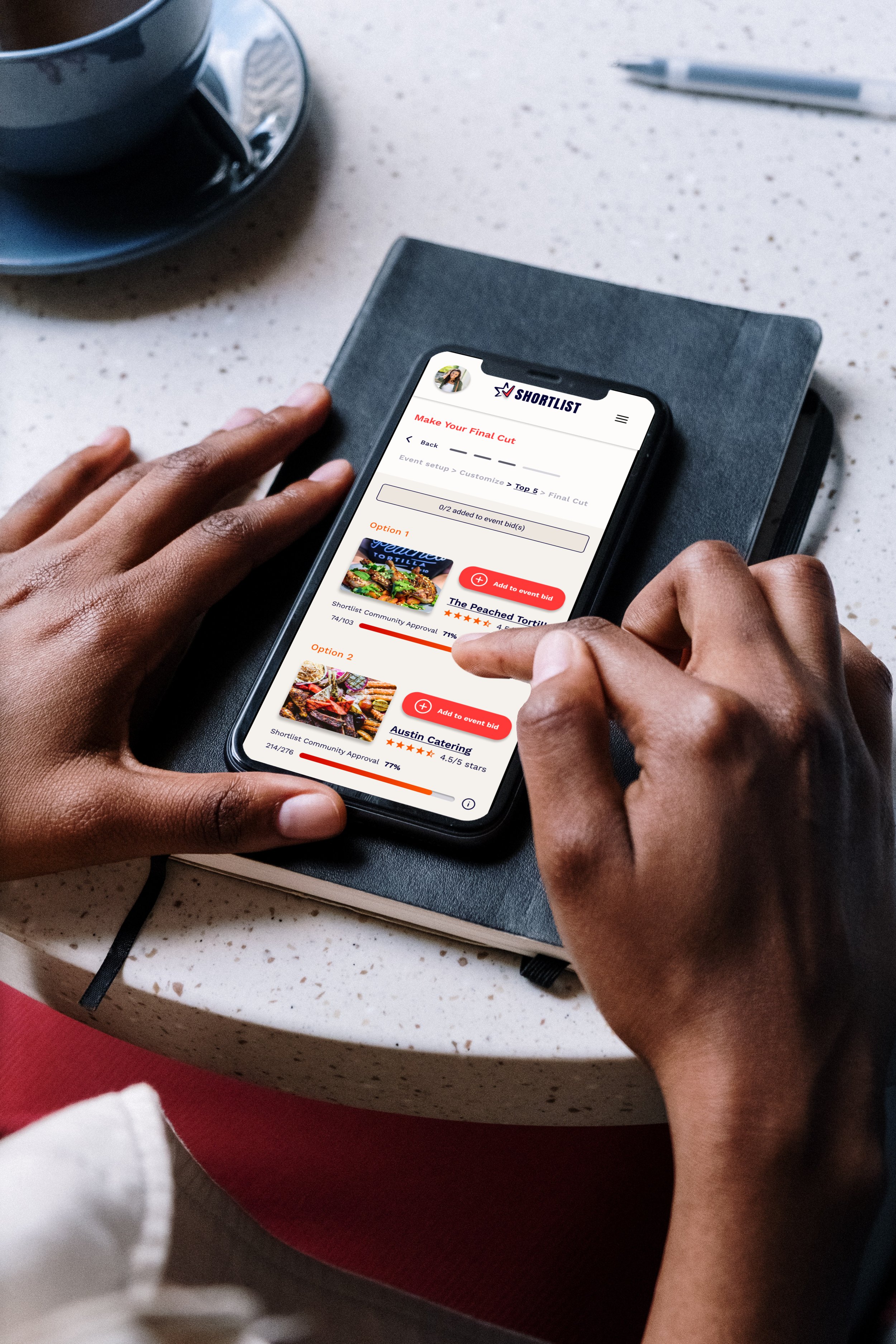 woman selecting restaurant on mobile app while sitting at a cafe