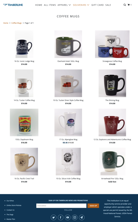 Collection of nine coffee mugs with various designs and prices, including 16 oz. Iconic Lodge Mug, Overlook Hotel 16 oz. Mug, Snowgoose Coffee Mug, 14 oz. Tucker Coffee Mug, 10 oz. Tucker Dinner Style Mug, The Shining Mug, 15 oz. Daydream Mug, 17 oz. Alpenwolf Mug, 12 oz. Explores and Adventurers Coffee Mug, 16 oz. Pacific Crest Trail Mug, 10 oz. Silcox Irish Coffee Mug, and Arrowhead Fire 12 oz. Mug (sold out).