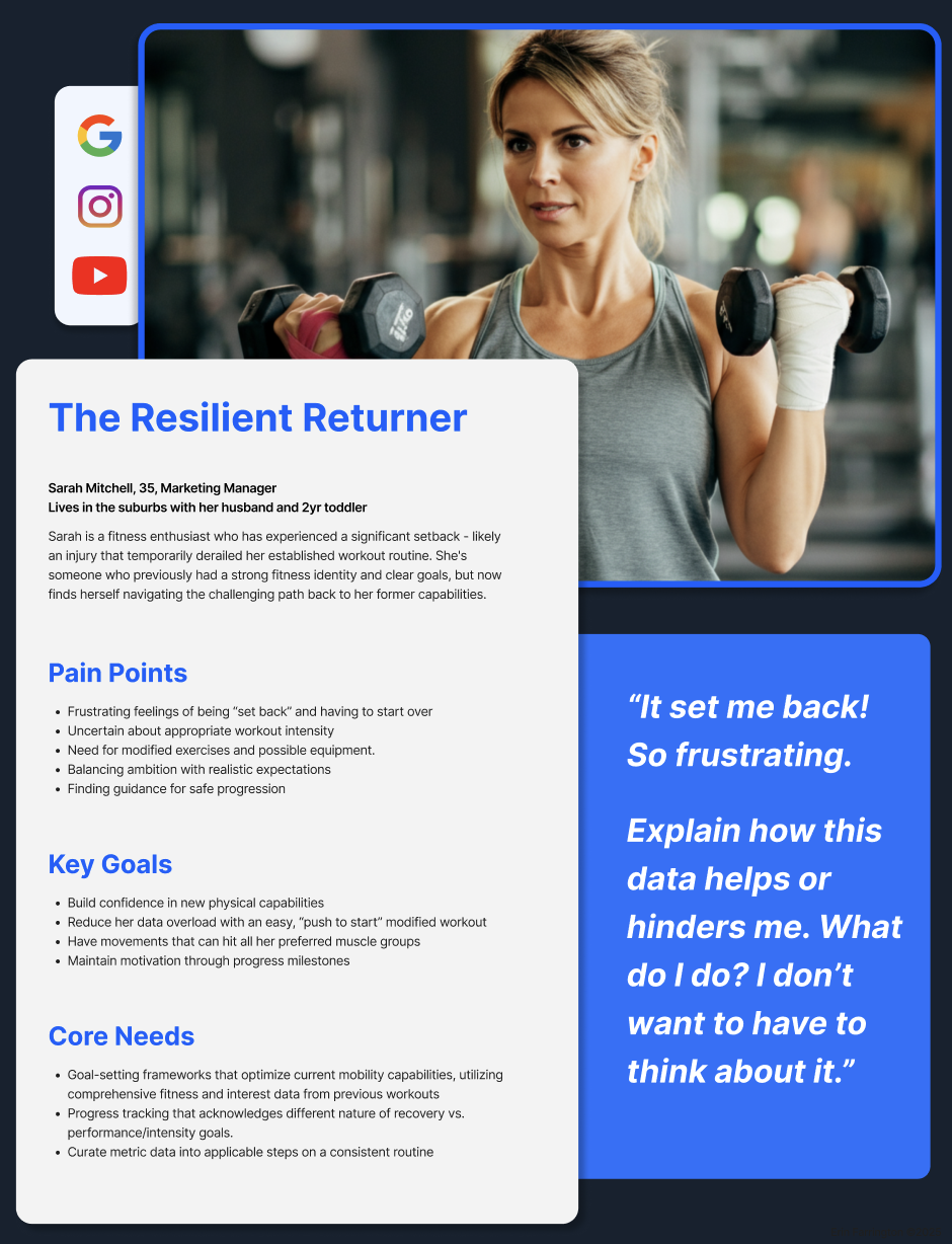 A woman lifting dumbbells while working out at a gym, with an overlayed fitness profile and motivational quote.