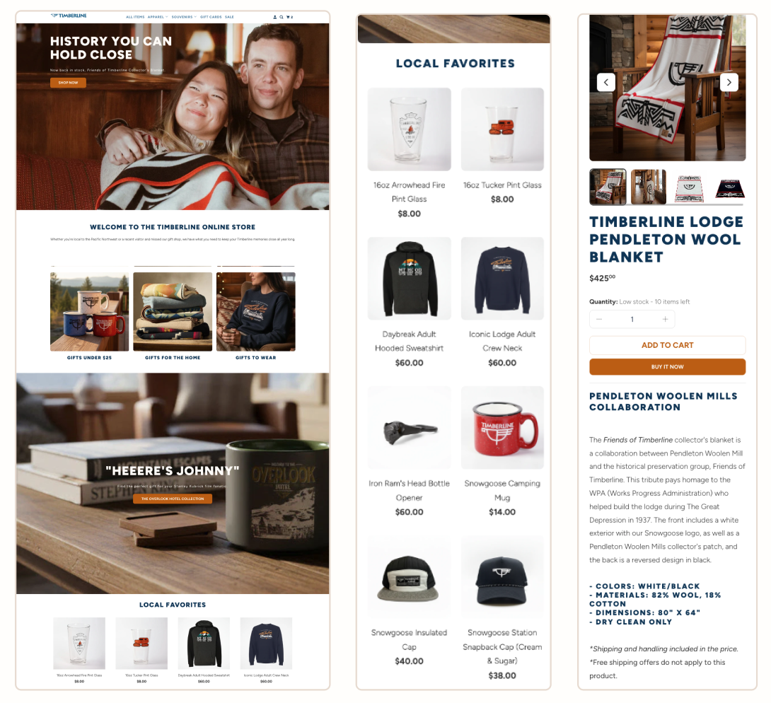 A webpage of Timberline online store showing various Timberline Lodge merchandise including a Pendleton wool blanket, clothing, and souvenirs, with images of products and a promotional banner at the top.