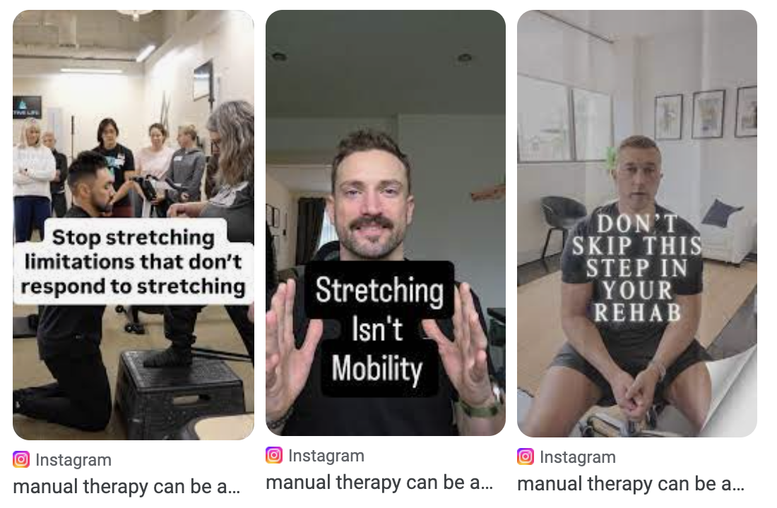 Three images related to physical therapy and stretching. The first shows a man in a therapy session with a group of people, with text about not stretching limitations that don't respond to stretching. The second features a man holding a sign that says "Stretching Isn't Mobility." The third depicts a man sitting in a rehab space with text advising not to skip steps in rehab.