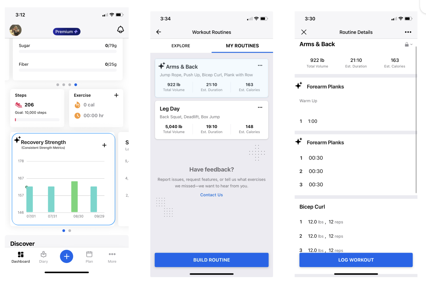 Screenshots of a fitness tracking mobile app showing workout routines, exercise metrics, and progress charts.