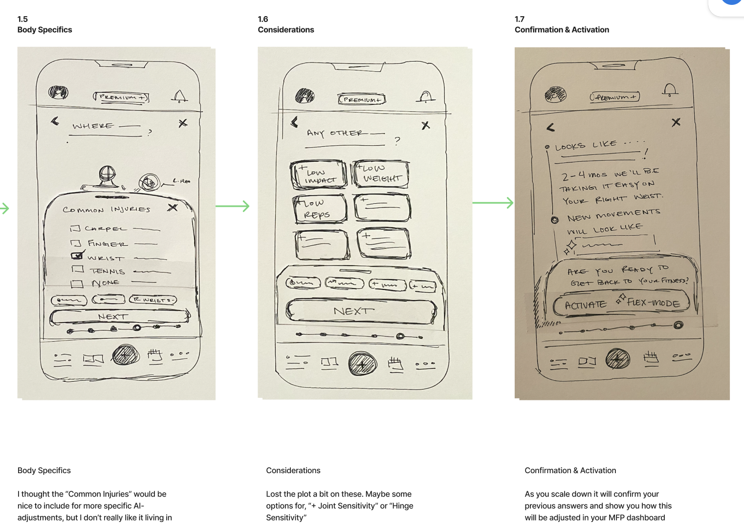 Three sketches of mobile app screens showing fitness or injury tracking interfaces. The first screen displays a questionnaire about common injuries, the second screen shows options for body considerations, and the third screen contains confirmation and activation prompts with a button to activate "Flex Mode."