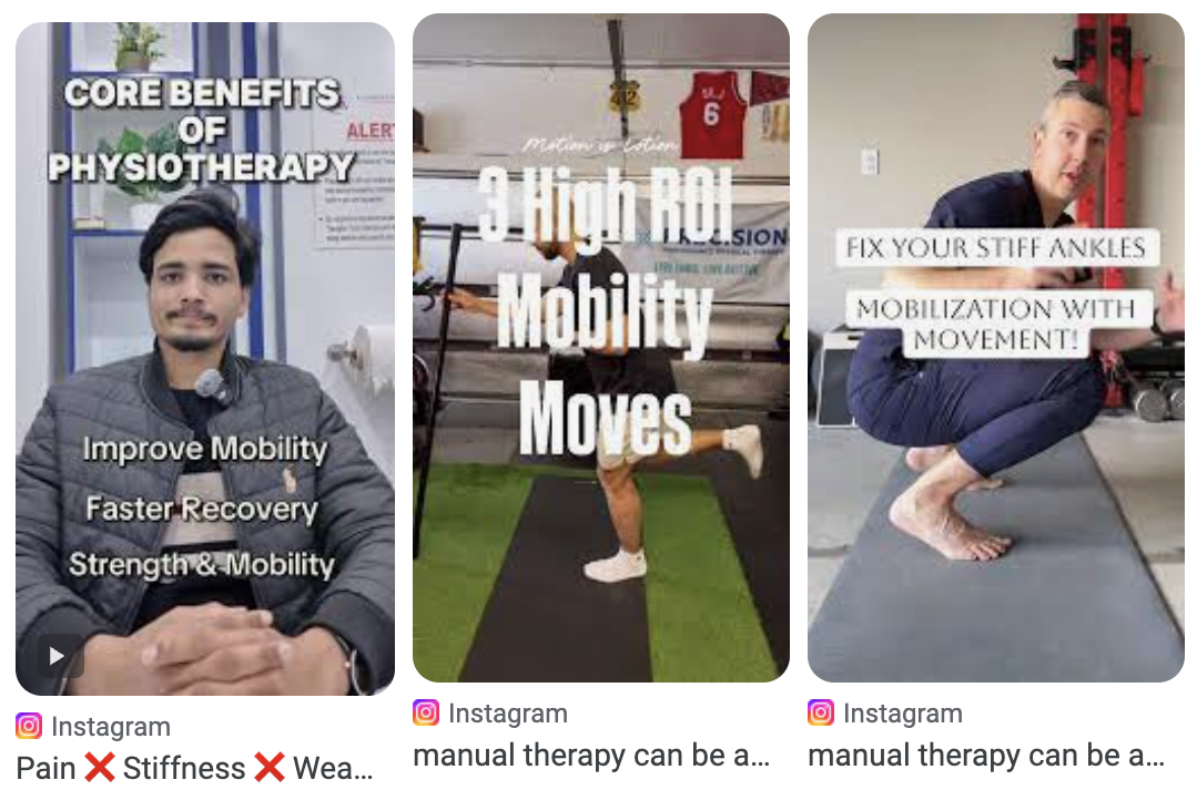 Three separate images related to physiotherapy and mobility exercises. The first features a man with a caption about benefits of physiotherapy, including improving mobility, faster recovery, and strength. The second shows a person doing a leg exercise under the text 'High Hip Mobility Moves.' The third depicts a man in a squat position with text about fixing stiff ankles and mobilization with movement.