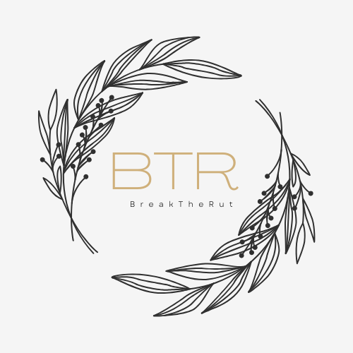 Logo for BTR with a circular design of black outlined leaves and berries, and the words 'BTR' and 'BreakTheRut' in the center.