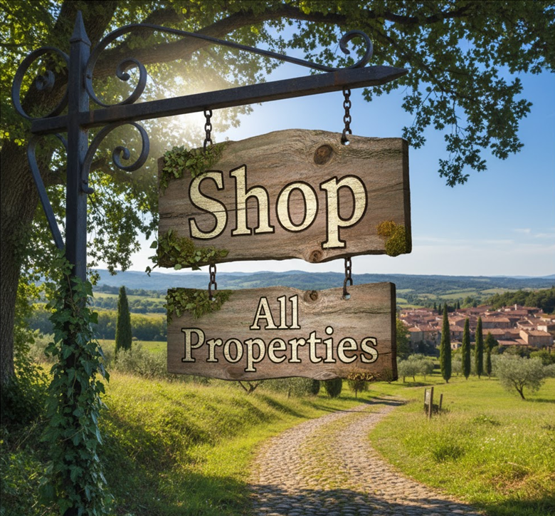 Rustic wooden sign hanging from a black metal post with decorative scrollwork, reading 'Shop' and 'All Properties', set in a scenic rural landscape with a gravel path, lush green grass, trees, and a distant village under a clear sky.