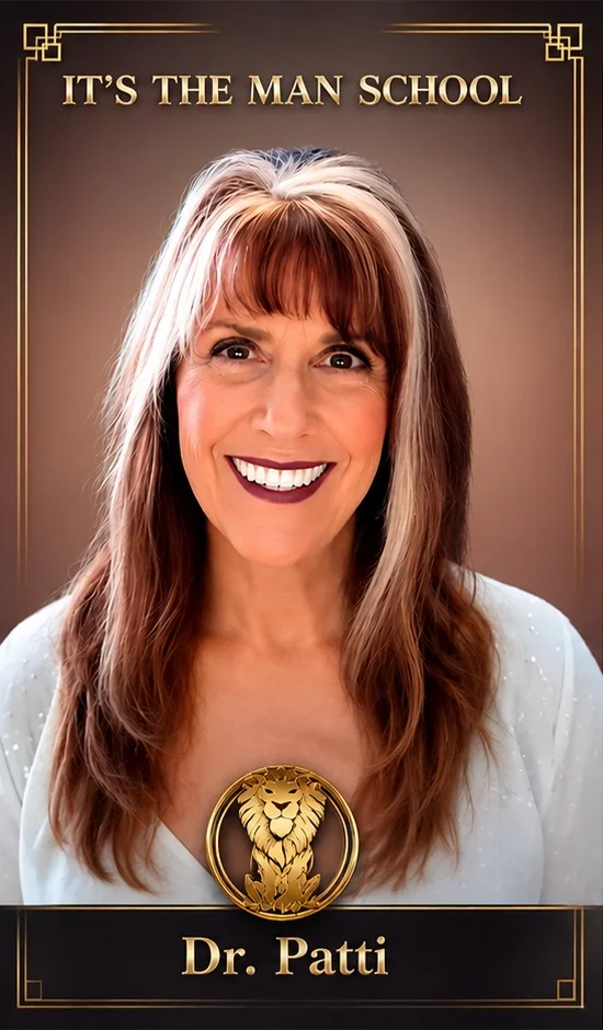 A smiling woman with long, reddish-brown hair and bangs, wearing a white top with small glitter details, is featured in a promotional poster. The poster includes the text "It's the Man School" at the top and "Dr. Patti" at the bottom, with a gold lion emblem in the center.