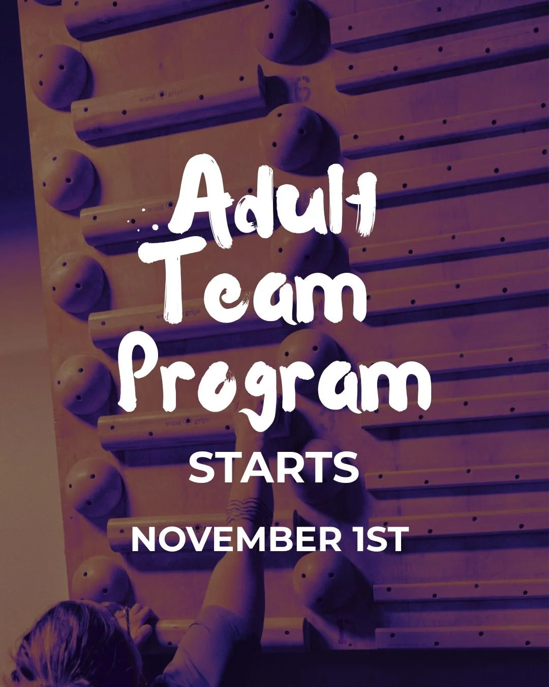 ADULT TEAM REGISTRATION IS OPEN 🧗

Ready to put a little more intention into your climbing?

Registration for our Adult Team Program is now open!

The program starts November 1 and is designed to help you build strength, improve your movement, and w