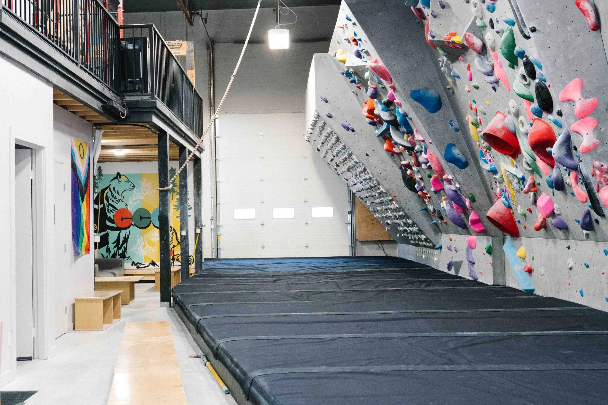 Indoor rock climbing gym with a large climbing wall filled with colorful holds and padded flooring for safety.