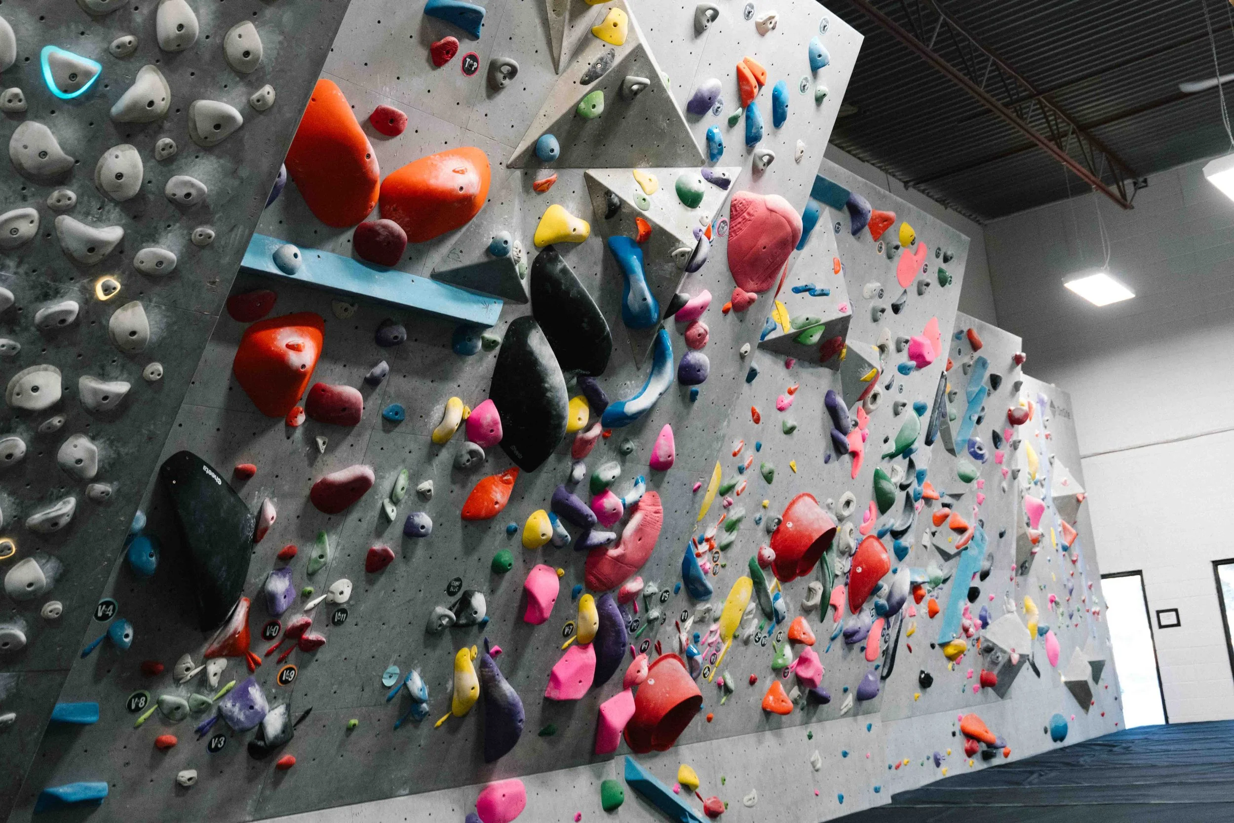 Indoor rock climbing wall with multicolored holds arranged on a gray wall.
